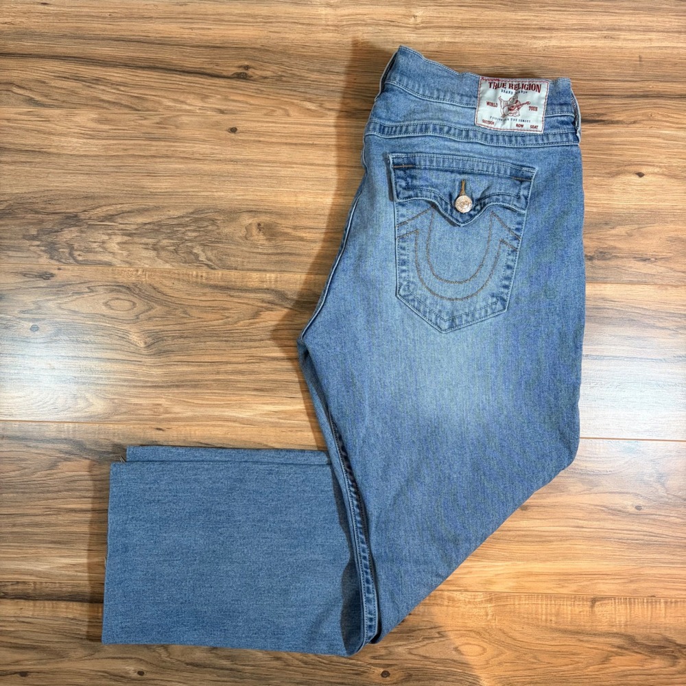 True Religion Ricky Relaxed Straight Jeans Mens 38x28 Light Wash Blue Denim